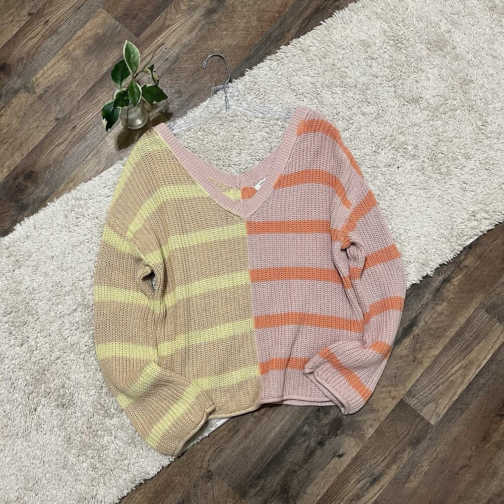 American Eagle Small Oversized Orange Pink Striped Colorblock V-Neck Sweater
